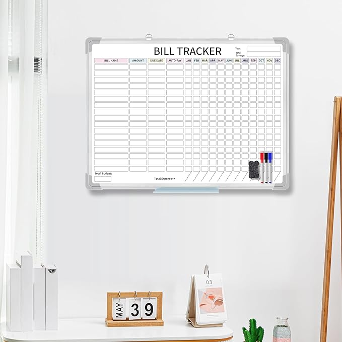 Feifeiya 24 x 18 Inch Monthly Bill Payment Tracker Organizer Whiteboard Aluminum Frame Wall Monthly Bill Payment Checklist Magnetic Dry Erase Board Planner for Personal Budgeting Financial(Classic)