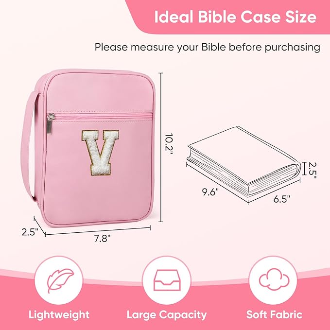Bible Covers for Girls, Fruobeyla Pink Bibles Cases for Woman PU Leather Bible Carrying Case for Women, Large Bible Tote Bags with Handle and Zippered Pocket for Kids, Pink (Letter V)