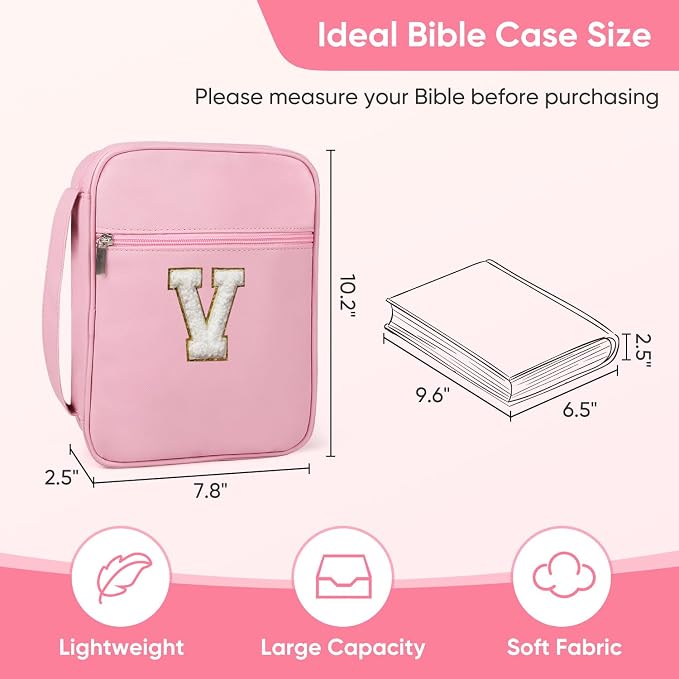 Bible Covers for Girls, Fruobeyla Pink Bible Cases for Woman PU Leather Bibles Carrying Case for Women, Large Bibles Tote Bags with Handle and Zippered Pocket for Kids, Pink (Letter I)