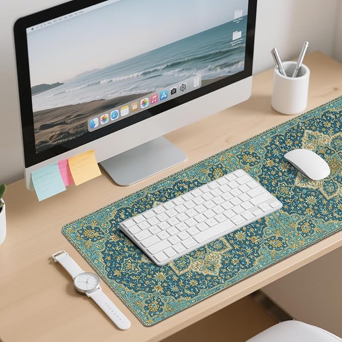 Persian Desk Mat Gaming Large Mouse Pad Teal Gold Ornate Floral Botanical Mousepad Computer Keyboard Pad Mouse Mat Laptop Mat 31.5 x 11.8 Mouse Pads for Desk Home Office Gaming