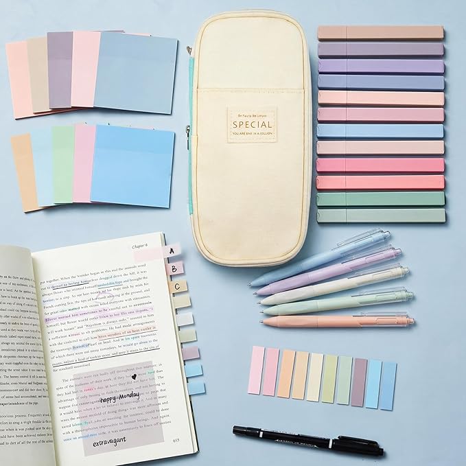 Jutom 39 Pcs Aesthetic Book Annotation Kit Highlighter with Pencil Case Bag Gel Pen Transparent Sticky Note Taking Bible Study College School Supplies(Mint Green,Cute Style)