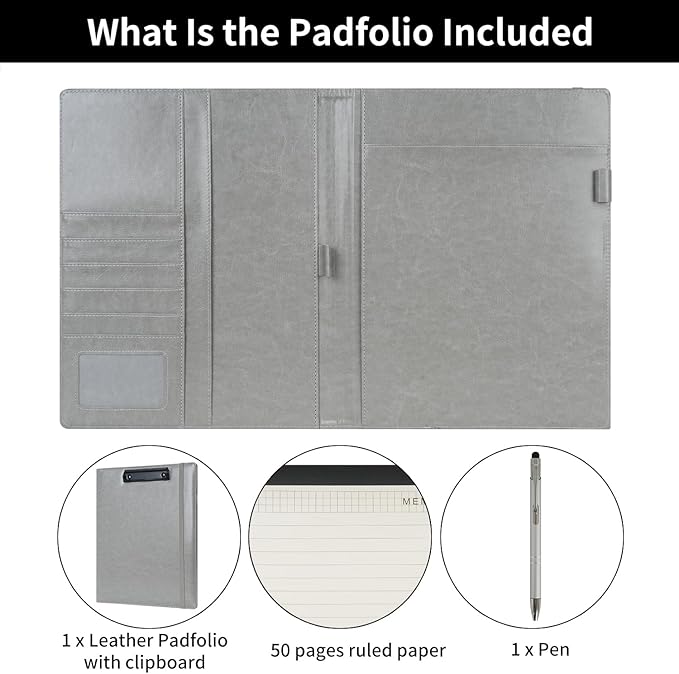 Wonderpool A4 PU Leather Clipboard Partfolio Notepad Forms Holders Document Case - Interview Planner Meeting Writing Padfolio File for Office Travel School Hotel (Grey, A4)