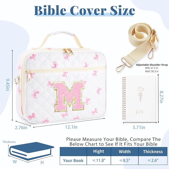 Personalized Initial Bible Cover Case for Women, Large Quilted Bible Bag with Durable Handle, Stylish Church Bag Journaling Kit with Study Supplies Accessories, Christians Gifts for Women (Pink-M)