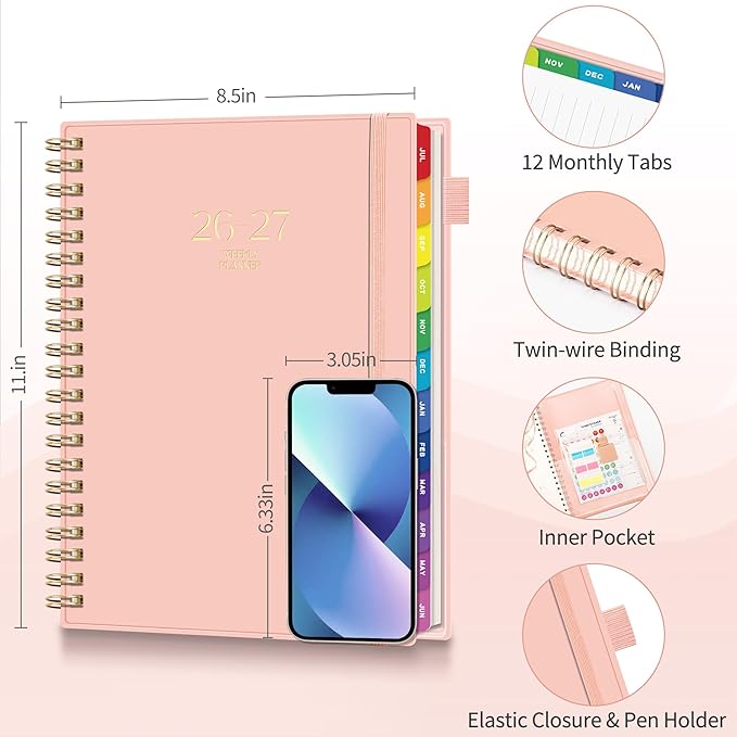 EMSHOI Academic Planner 2026-2027, Large A4 8.5x11, Weekly and Monthly Calendar (July 2026-June 2027), School Student Teacher Agenda Book, 100GSM Thick Paper, PVC Cover, Colorful Tabs, Pink