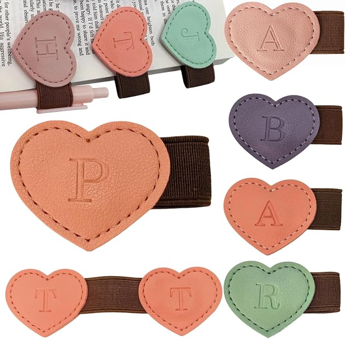 Personalized Magnetic Leather Heart Bookmark with Pen Holder - 26 Letters Custom Book Mark Notebook Pencil Loop with Initial Book Marker for Readers, Book Lovers- Gifts for Women Men(Black & Orange,P)