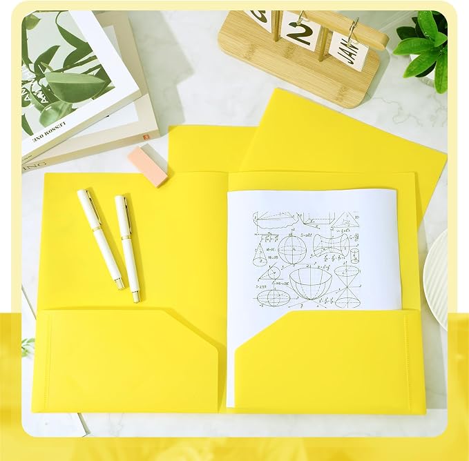 Gueevin 100 Pack Plastic Folder with Pockets, 2 Pocket Folders, Plastic Glossy Folders Fit Letter Size Paper, Heavy Duty Durable File Folder with Business Card for Home Office School (Yellow)