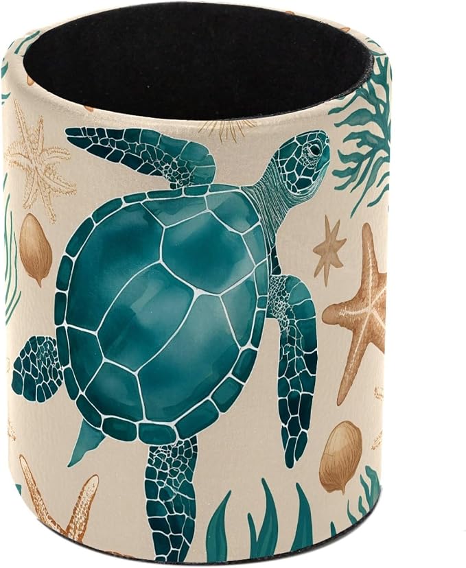 Vintage Turtle Starfish Pen Holder Pencil Organizer Cute Pencil Cup Desk Decor Makeup Brush Holder PU Multifunctional Office Supplies for Home Classroom School