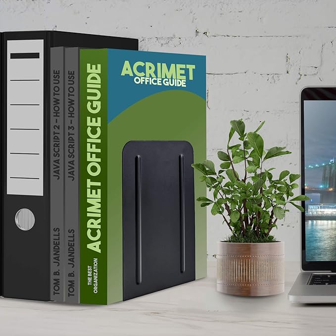 Acrimet Bookends for Shelves, Non-Skid Book Holder, Heavy Duty Book Stopper, Steel Metal Book Ends Storage for Home, Library, 6 7/8" H x 4" W x 4 1/2" D (Black) (1 Pair / 2 Pieces)