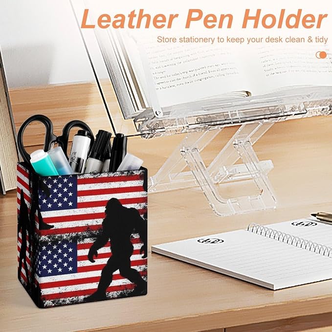 Holder Cup Makeup Brush Storage Organizer, Waterproof Multifunctional Office Supplies, Pen Holder Square Leather Pencil Sasquatch American Flag
