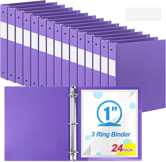 Henoyso 24 Pack 1 Inch 3 Ring Plastic Binders, Bulk Flexible PP Binders for Classroom & School Supplies, Letter Size 8.5 x 11, Holds 240 Sheets with Interior Pocket (Purple)