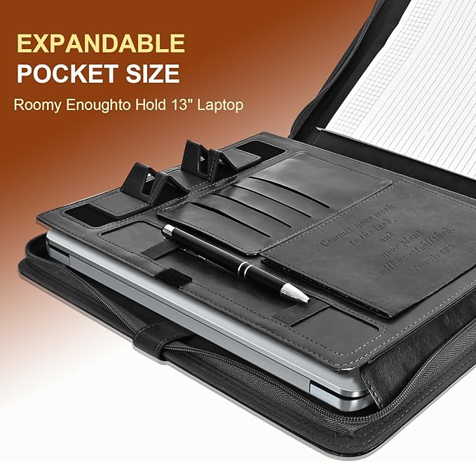 Leather Portfolio for Men and Women – Business Binder Portfolio, Professional Organizer for Men and Women, Christian Gifts, Laptop & iPad Case, Bible Notepad Holder (Black)