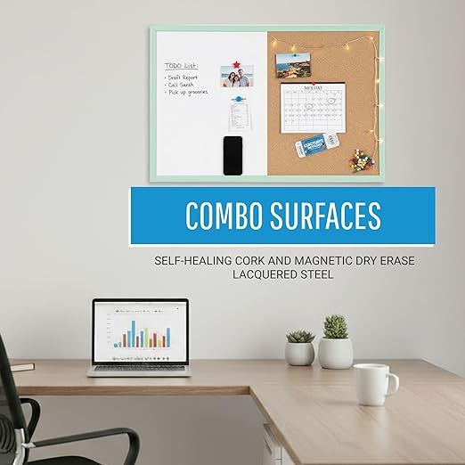 MasterVision Pastel Combo Bulletin and Dry Erase Board, 36" x 24", Green Frame, Decorative Magnetic Whiteboard and Cork Board, Wall Décor for Home, Office, Dorm, or Classroom