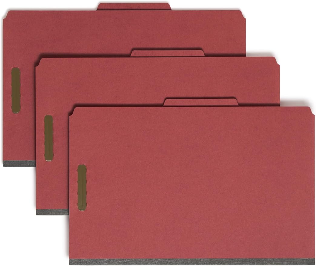 Smead Value Filing 100% Recycled Pressboard Classification File Folder, 1 Divider, 2" Expansion, Legal Size, Red, 10 per Box