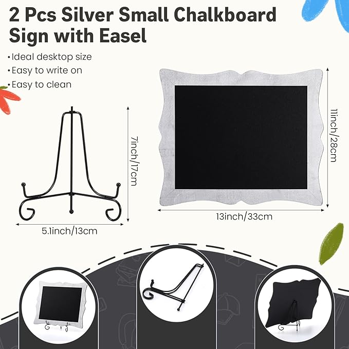 Novabright 2 Pack Small Chalkboard Sign with Easel 11" X13" Silver Border Hanging Freestanding Framed Chalkboard Tabletop Sign for Countertop Kitchen Weddings Restaurant Menus