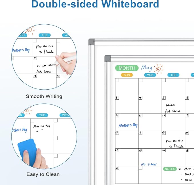 Dry Erase Board Calendar for Wall, 24" x 18" Magnetic Whiteboard Calendar, Monthly Calendar Whiteboard for Wall, Double-Sided Hanging Aluminum Frame White Board for Home, School, Office
