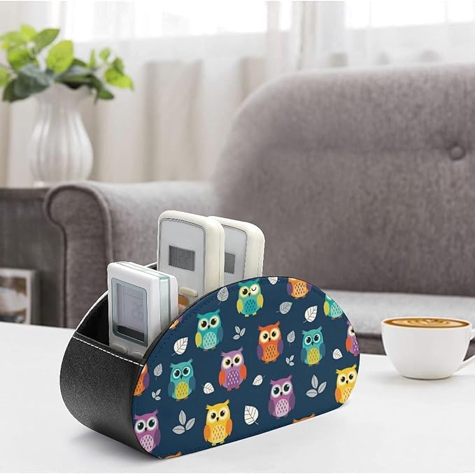 Desk Organizer and Remote Holder, 5-Compartment PU Leather Storage Box for TV Controllers, Office, and Home Supplies, Cute Owl