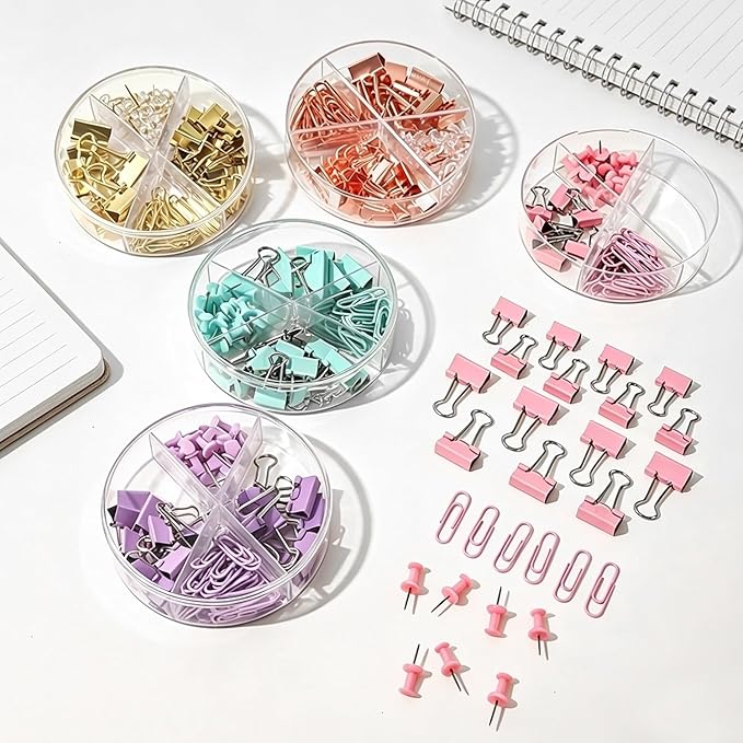 4-in-1 Office Supplies Kit, Assorted Desk Accessories Organizer Set with Binder Clips, Paper Clips & Push Pins, Aesthetic Stationery Fasteners for School College Dorm Home Office Decor - Gold