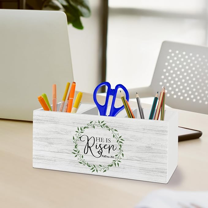 Easter Christian Pen Pencil Holder Organizer for Desk Accessories, He Is Risen Bible Verse Wooden Box Sign Desk Decor for Home Office Decoration, Religious Easter Decor