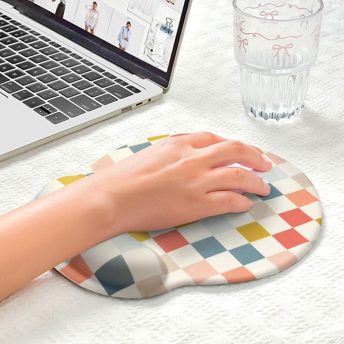 Retro Checkered Mouse Pad with Support Wrist Rest,Cute Funny Boho Ergonomic Mouse Pad with Non-Slip Base for Office Gaming Working Computers,Desk Accessories Pain Relief,Colorful
