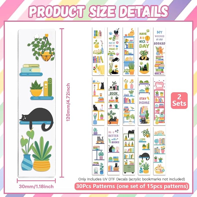 Peacoblue 30pcs UV DTF Bookmarks Transfer Stickers Wraps Bookshelves and Green Plants for Women Men Reading, Waterproof Bookmarkers Decal(No Blank Bookmarks) for Acrylic Plastic Metal Blank Bookmark