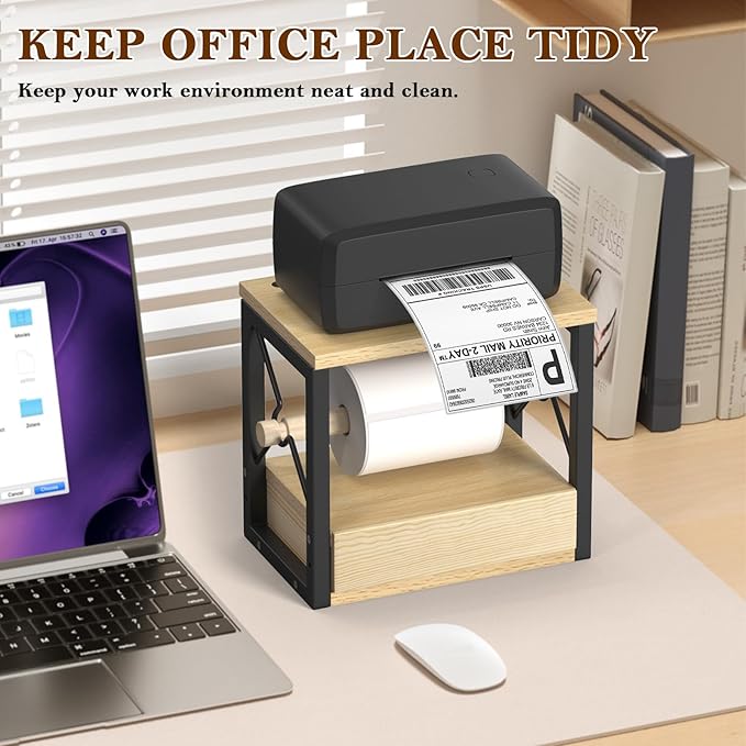 Label Roll Holder & FanFold Labels with Drawer, Wooden Label Holder for Thermal Printer Stand, Thermal Label Holder for Desktop Label Printer, Sticker Roll Holder for Home, Office, Work
