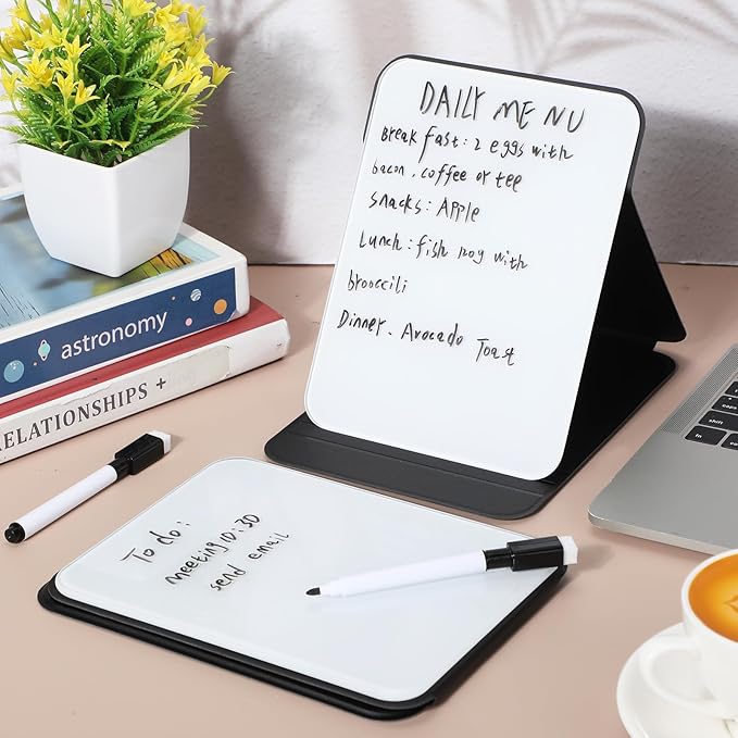 Dunzoom 2 Pcs Small Glass Desktop Whiteboard with Reversable Stand 8 x 6 Inch Mini Dry Erase White Board Easel with 2 Markers Reusable Desk Notepad for Home Office School Supplies (Black)