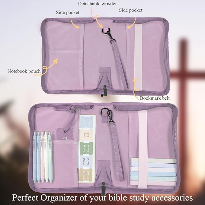 CITYCHASE Elegant Rose Design Bible Cover Case with Bible Study Supplies Highlighters Pens Bookmark Leather Bible Cover Case for Women Gift for Christians (Purple Pro)