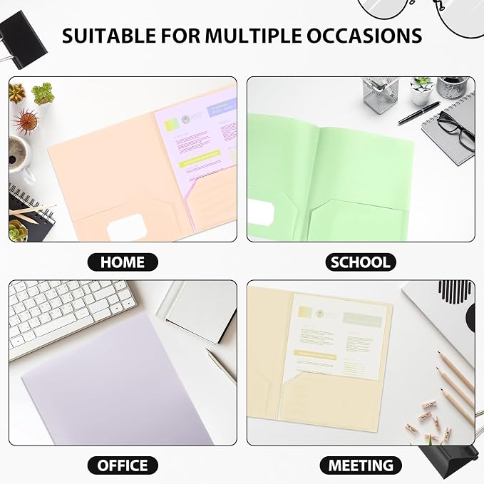 Plastic Folders with Pockets, 2 Pocket Folders for Letter Size 8.5 x 11 Paper, 6 Rainbow Colors, Colored School Folders with Business Card Slot, Back to School Supplies for Students, Office