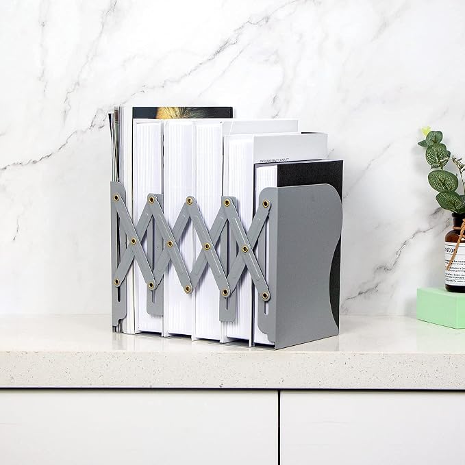 Aobopar Book Ends, Bookends for Shelves, Book Organizer for Desk, Metal Bookends for Heavy Books, Book Holders for Shelves, Suitable for Office, Home and School Use (Grey)
