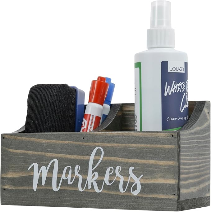 MyGift Magnetic Mount Vintage Gray Solid Wood Dry Erase Marker and Eraser Holder with 2 Compartments, Desktop Office Supplies Storage Organizer Bin with White Cursive Marker Lettering