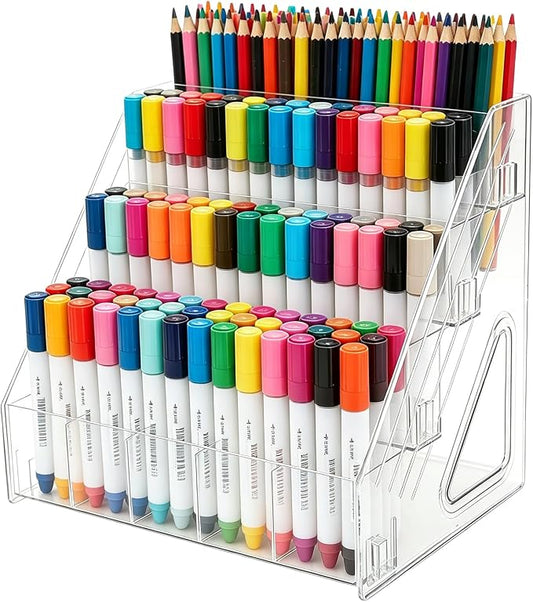 4-Tier Clear Acrylic Pen Holder for Desk, 20 Compartments Marker Storage Organizer, Space-Saving Vertical Stationery Rack for Art Supplies, High-Capacity Desktop Office Storage