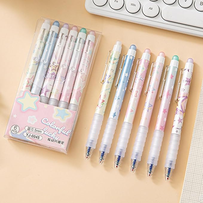 MOZXIRZ 6 Pcs Erasable Gel Ink Pens Retractable Pens 0.5mm Blue Ink Pen Office School Supplies Cute Aesthetic Pen (Blue Ink-Stars)