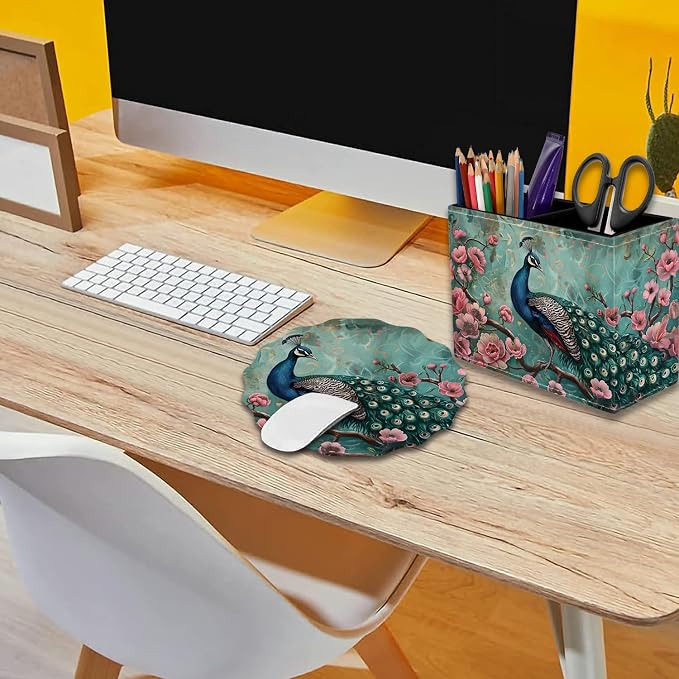 Pen Holder for Desk, PU Leather Multifunctional Desktop Storage Box and Anti-Slip Mouse Pad Set, Makeup Brush Holder Pen Organizer for Office and Home - Peacock