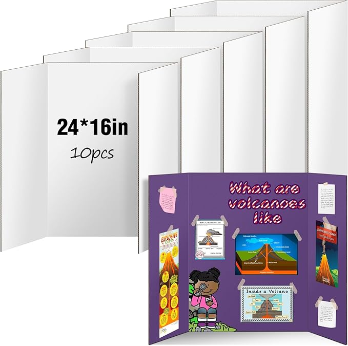 10 Pack Trifold Poster Board, IKAYAS 24" X 16" Double Sided White Poster Boards, Science Fair Display Boards Posterboard Foamboard for Mounting, Prints, Art, Display, Projects Classroom Supplies