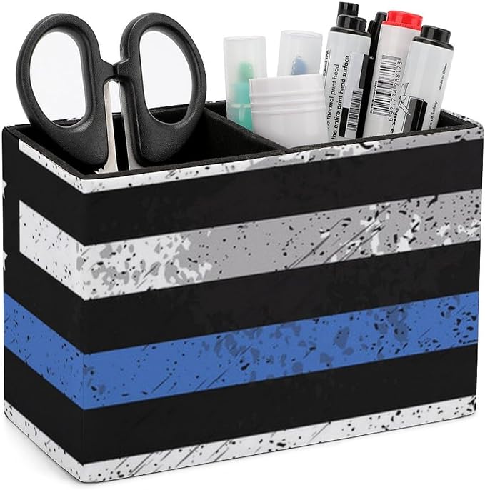 Office Storage Pen Holder Thin Blue Line Retro American Flag Police Pattern Black, Decoration Office Desk Square Pens Pencils Holder, Pencil Desk Organizer in PU Leather, Pencil Container