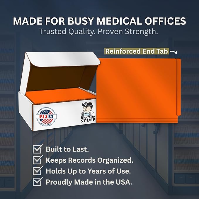 Orange File Folders, Doctor Stuff, Letter Size Reinforced End Tab Folder, 14 pt Stock, Box of 50