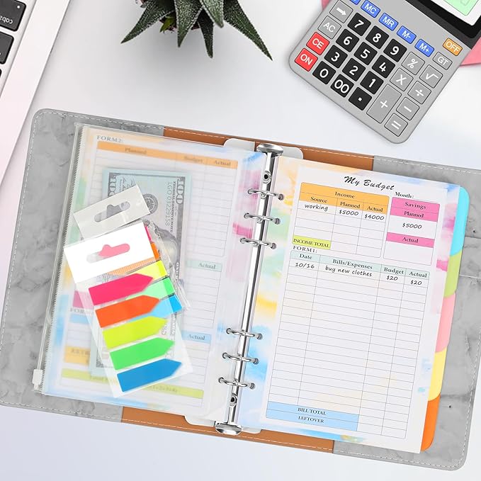 Toplive 7 Pack A5 Planner Inserts Monthly Weekly Planner Refills Paper 6 Ring Expense Budget Sheets with Cash Envelopes Divider Ruler Stickers, for A5 Planner Binder Cover, Colorful
