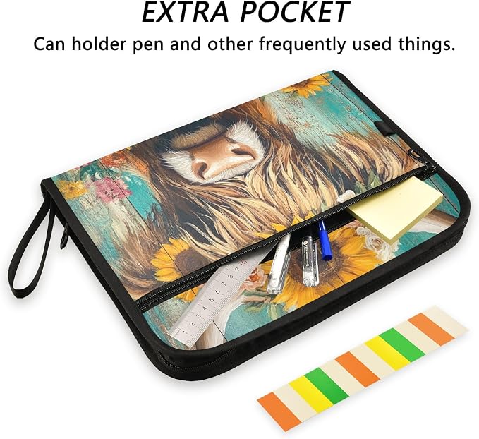 ALAZA Cow and Sunflowers Expanding Filing Folder, 13 Pockets Expandable Document Organizer Folder with Zipper Closure for Home Office A4 Letter Size Paper Document