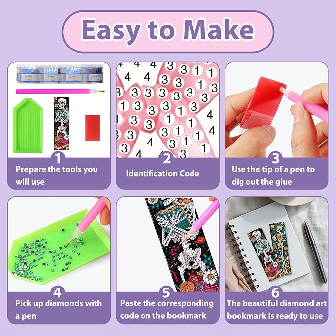 Skull Diamond Art Bookmarks for Adults, 4 PCS Reading Diamond Painting Bookmarks with Pendant, 5D Gem Art, Acrylic Bookmark DIY Crafts for Books Decor Gift