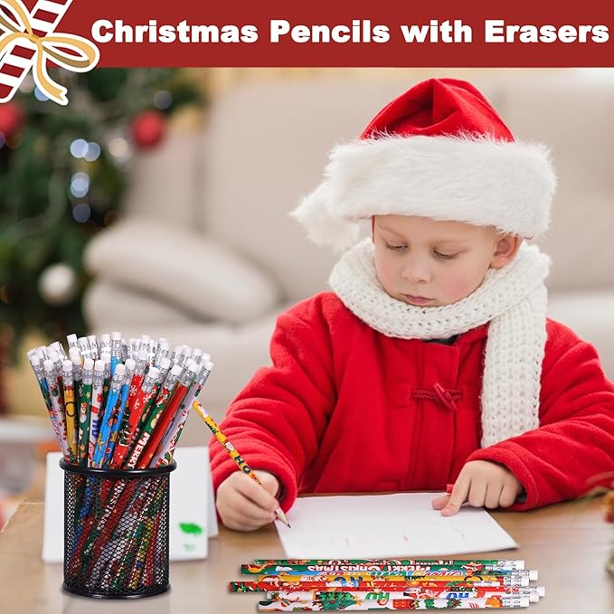 Christmas Pencils Xmas Wood Pencil with Eraser Snowman Pencils Santa Elk Assorted Christmas Stationery Pencil, 8 Styles(72)