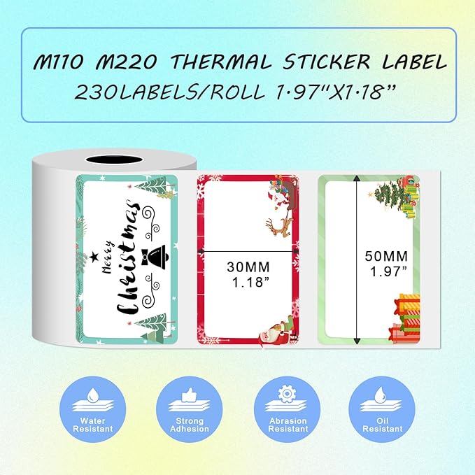 Thermal Labels Christmas Tags for Xmas Compatible with Phomemo M100/M110/M150/M221/M220/M120/M200/M250 Label Printer,1.97"x1.18"(50x30mm), 230 Labels/Roll, Black on Christmas Pattern