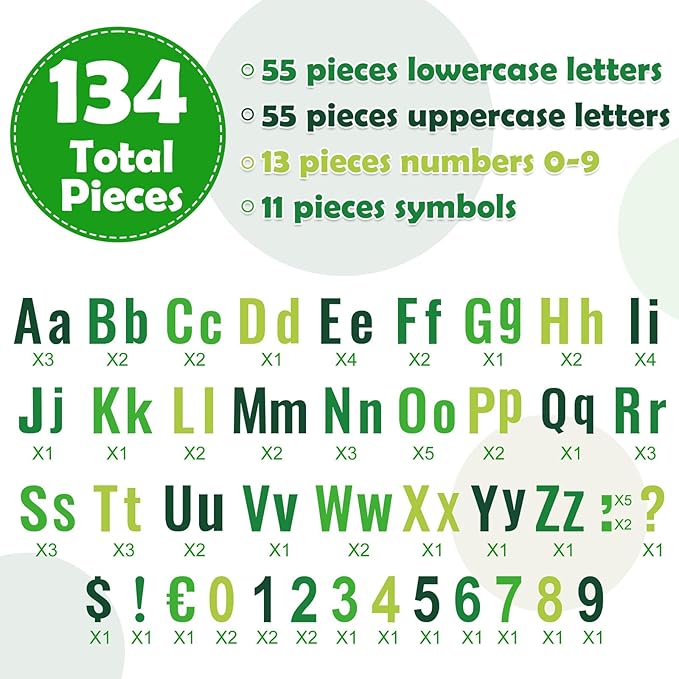 FYSUIMU 134 Pcs St. Patrick's Day Bulletin Board Letters Alphabet Number Symbol Paper Cutouts Green Colored Decor Letters Combo Set with 200 Pcs Glue Points for Home Classroom Irish Party