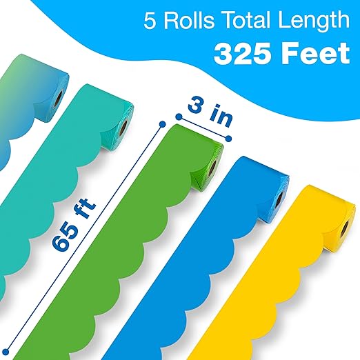 IXL 5 pc Bundle of Colorful Bulletin Board Borders, 65ft Rolls of Green, Blue, and Yellow Scalloped Trim for Rolling Whiteboard, Cork and Posterboard, Party, Office Decorations, and Classroom Decor