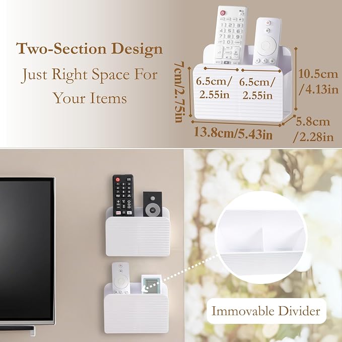 LINFIDITE 2 Pack Adhesive TV Remote Control Holder Wall Mount TV Remote Holder For Bedside Wall Remote Control Caddy Storage Organizer Stand Box （For 2 Or 4 Remote Controls – White ）