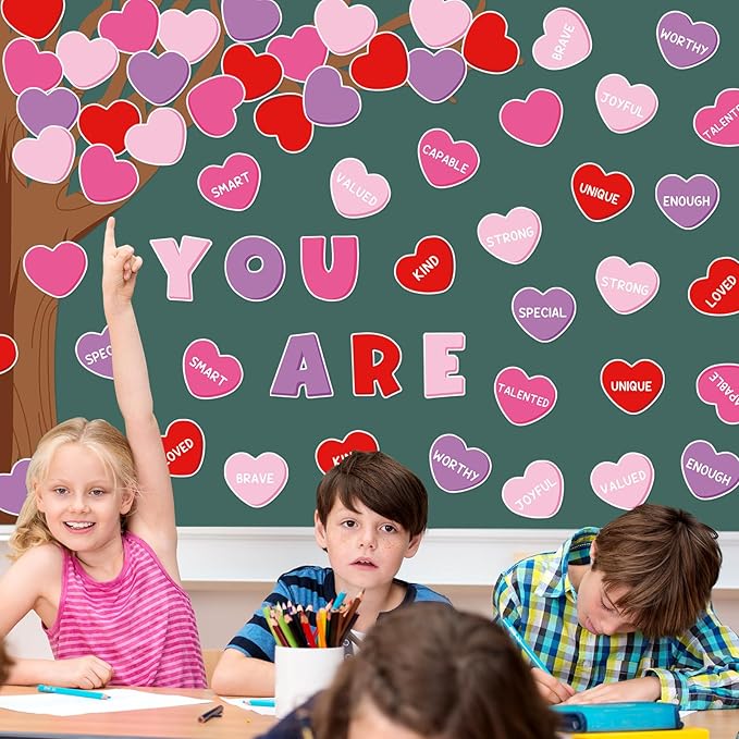JarThenaAMCS 61Pcs Valentine Classroom Tree Bulletin Board Decorations Red Pink Purple Conversation Heart Cutouts for Classroom School Office Chalkboard Wall Decor