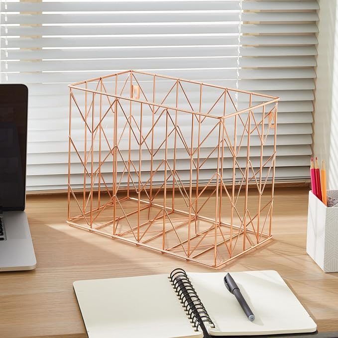 Y YOMA Hanging File Organizer, Letter Size Rose Gold Metal Desk File Crate Storage Basket for Home Office, 1 Pack