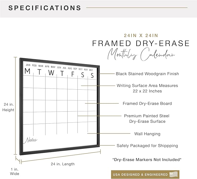 MCS Dry Erase Calander 24x24 Black Framed Monthly Calendar for The Wall, Stay Organized with Family Planner for Appointments, Sports, Events & More