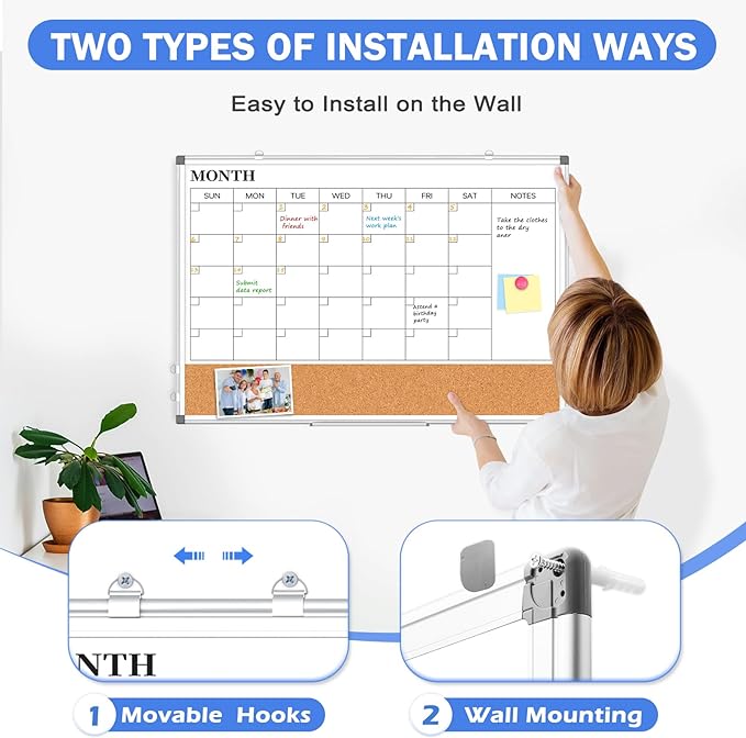 Monthly Calendar Whiteboard Dry Erase Cork Board Combo for Wall, 36" x 24" Magnetic Double-Sided Calendar White Board and Bulletin Board, Portable Board for Office, Kitchen, School, Home