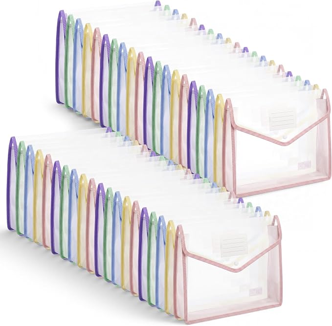 Handepo 50 Pcs Plastic Expanding File Folder Bulk - Transparent Large-Capacity Portable Documents Envelopes with Snap Closure for Office, Business, School - No Dividers (Macaron Colors,A4 Size)