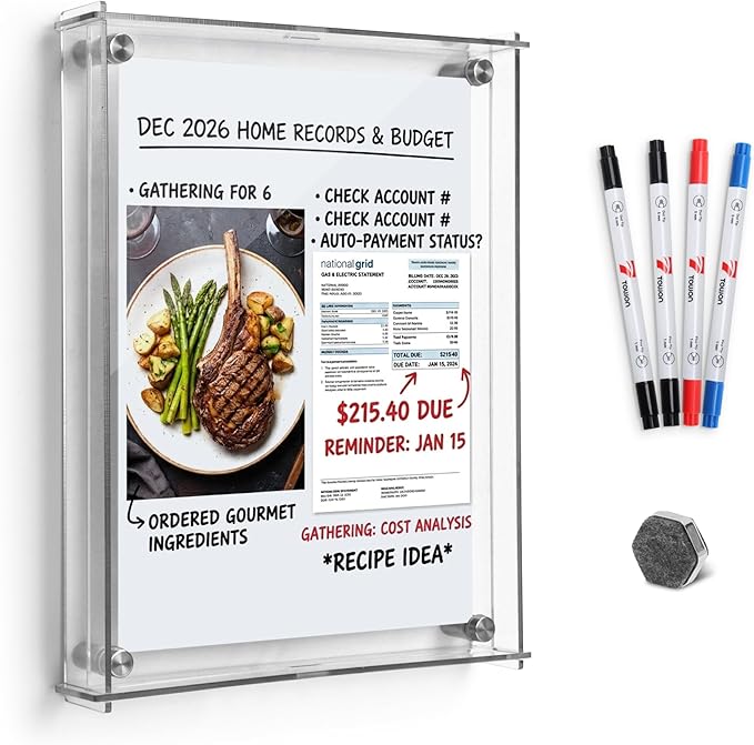 TOWON Acrylic Wall Whiteboard 9x12 Inch, White Dry Erase Writing Surface with Slide-Lock Interlocking Frame, Modern Memo Display for Postcards, Photos & to-Do Lists with 4 Dual Tip Markers & Eraser